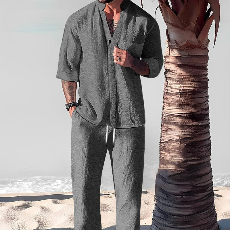 Fashionable Men's Two-Piece Set Made From Cotton Linen: Top & Trousers - Image 2